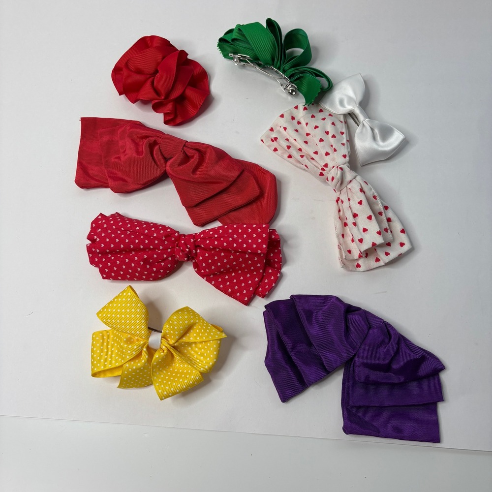 Vintage Style Hair Bow Barrette Lot 8pc Multicolor Hearts Polka Dots Grosgrain